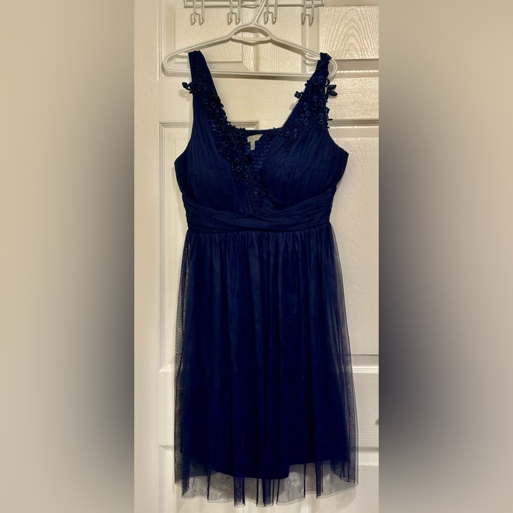 Bought from ModCloth, blue/navy, floral details, smocked back, knee-length, 1X